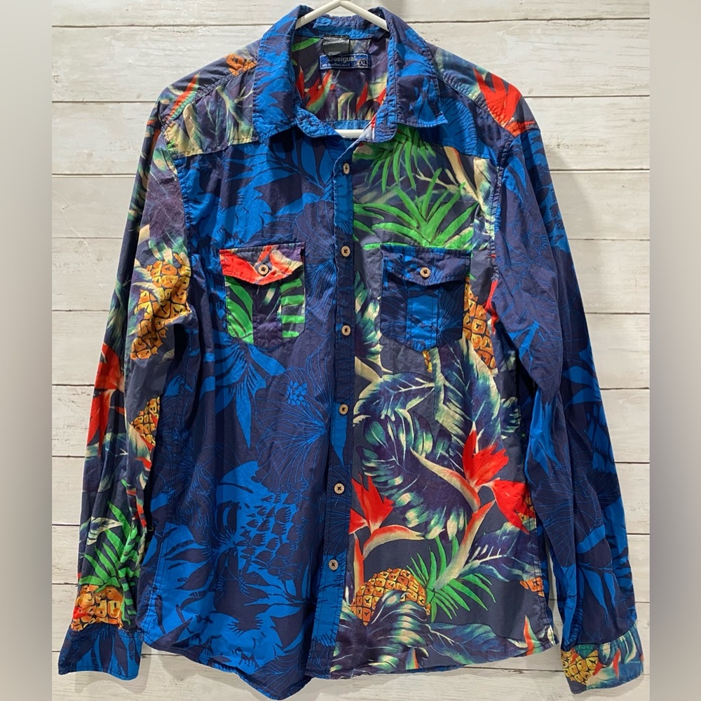 Desigual Multi Floral Tropical 100% Cotton Long Sleeve Button-Up Shirt Size XL